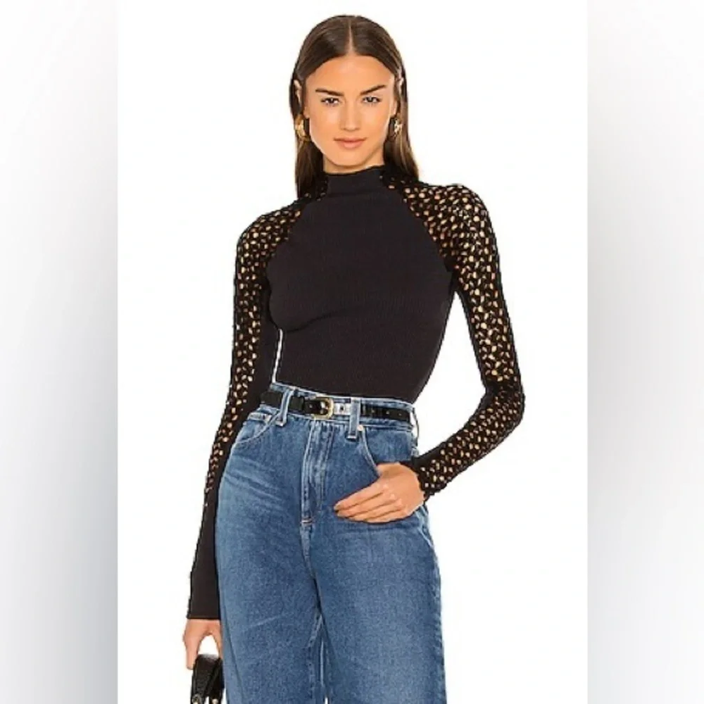 Free People Clemente Rib Knit Top‎ with Crochet Sleeves Size Small